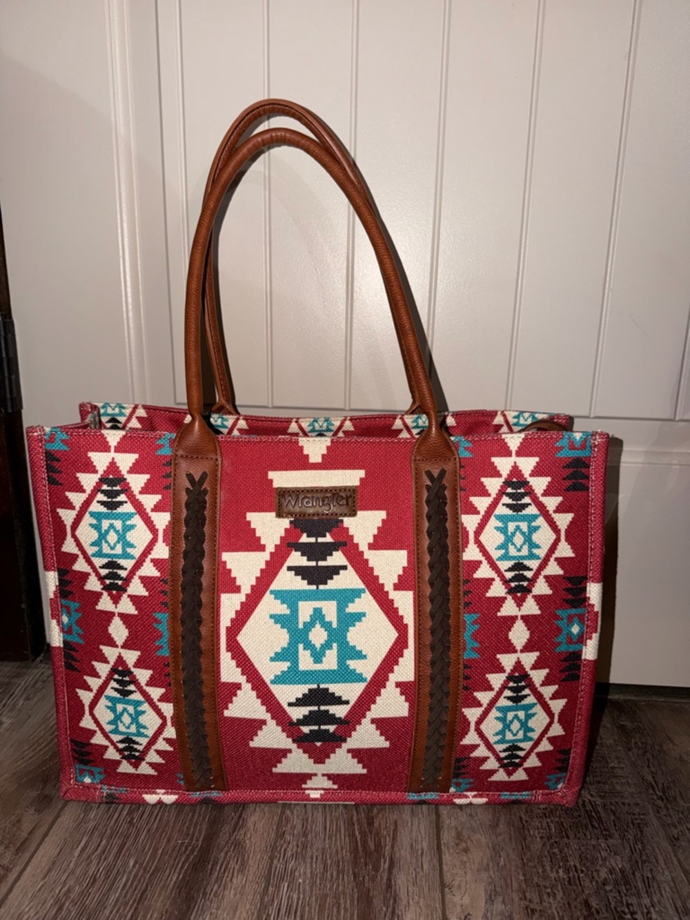 Wrangler Red Aztec Canvas Tote with Brown Leather Handles and Turquoise Accents